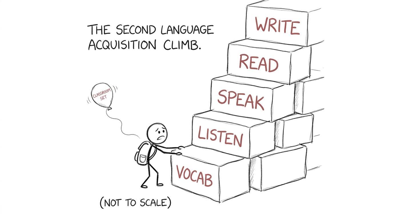 A student climbing the five revision skill steps while a set label drifts away