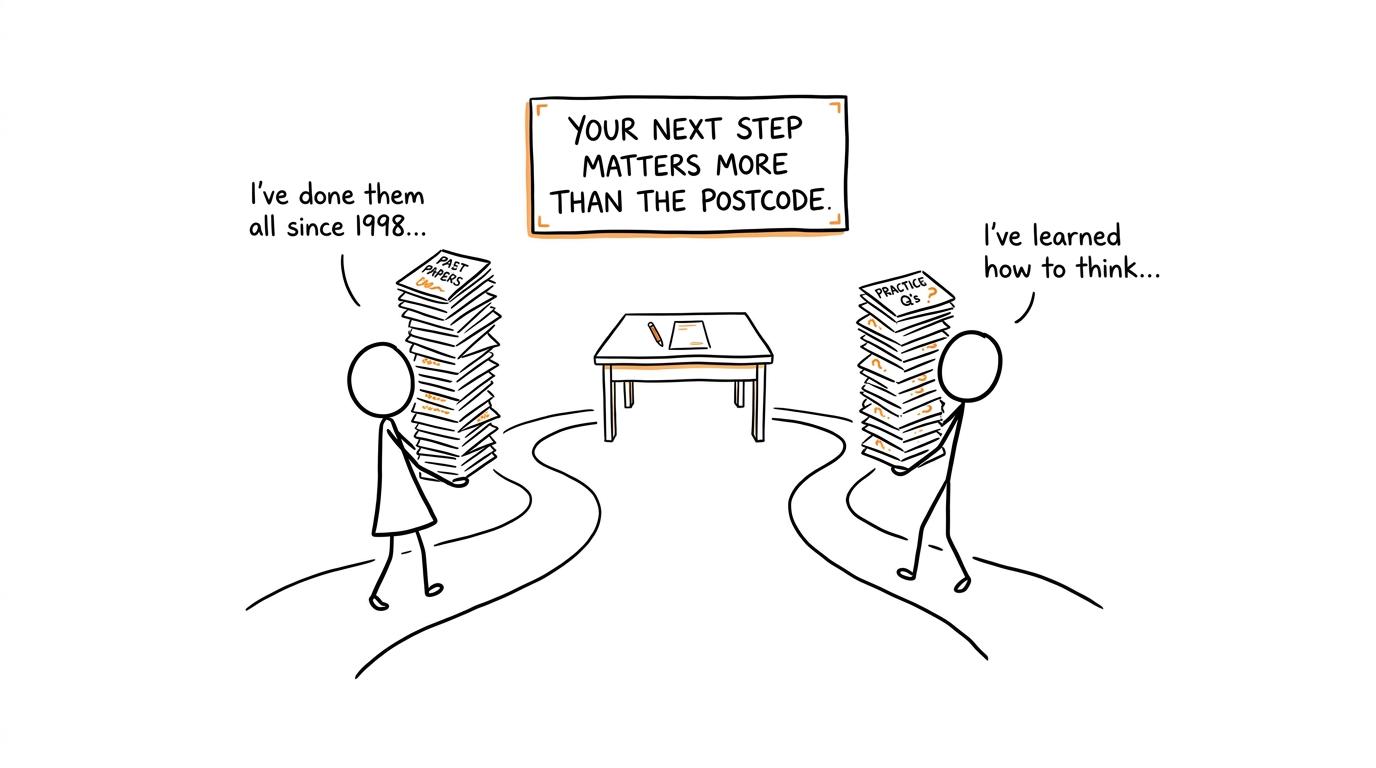 Two students take different revision paths towards the same exam desk
