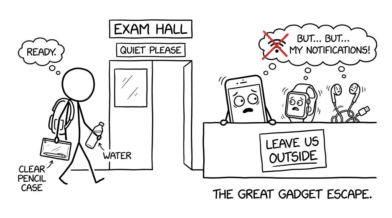 Phones, watches and earbuds wait unhappily outside an exam hall