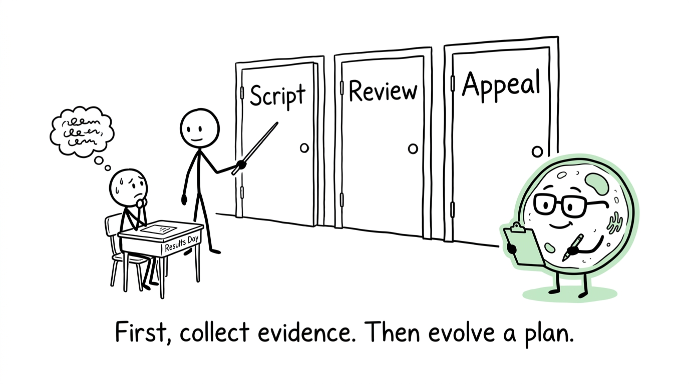 A student chooses between script, review and appeal doors while a biology teacher recommends collecting evidence first