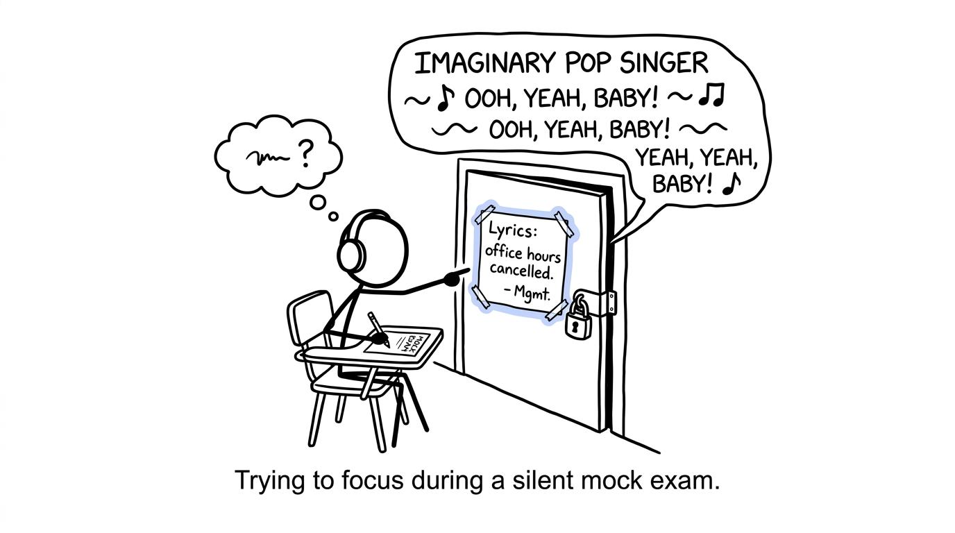 A student keeps song lyrics outside during silent exam practice