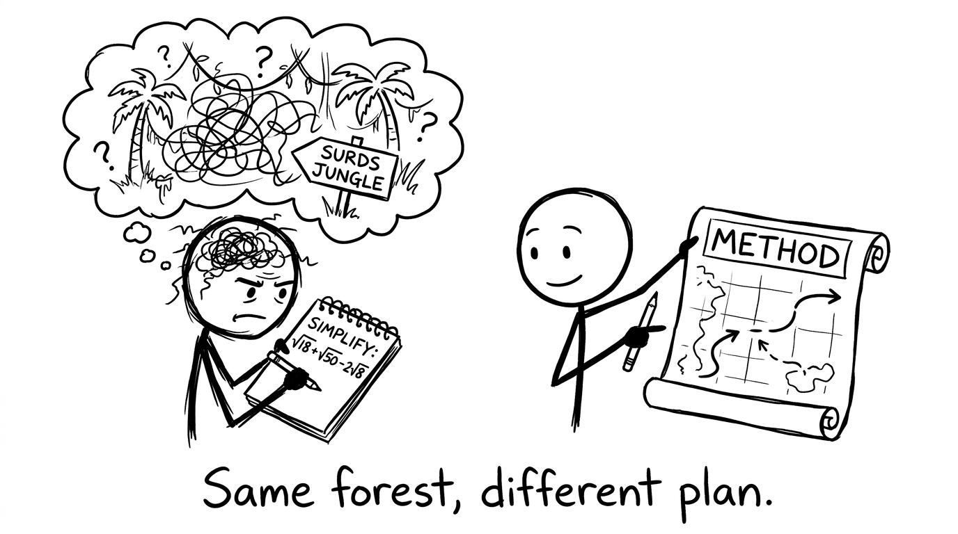 Two students in the 'Surds jungle'--one has a map labelled 'Method'