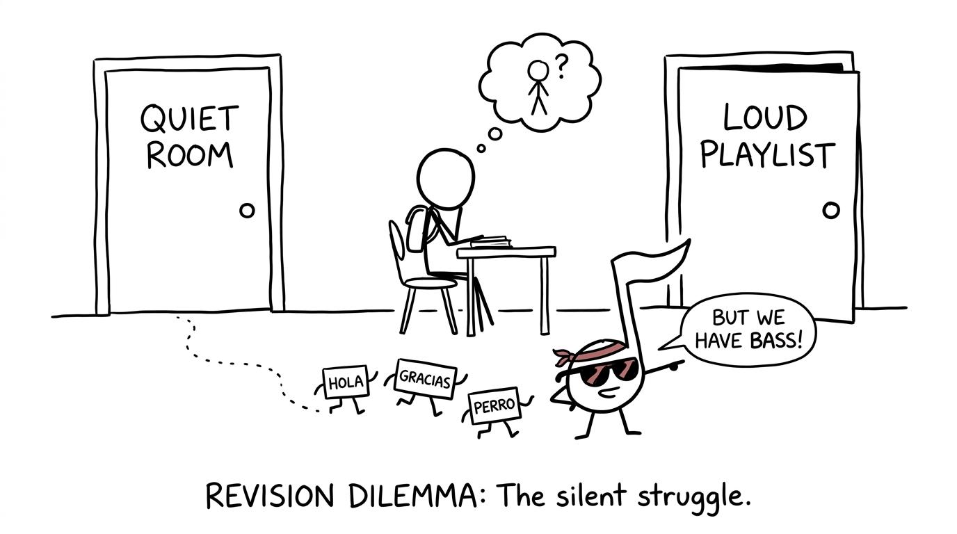 A student chooses between a quiet revision room and a loud playlist