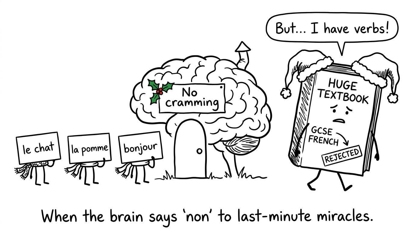 French flashcards enter a brain cottage while a giant cramming textbook is turned away