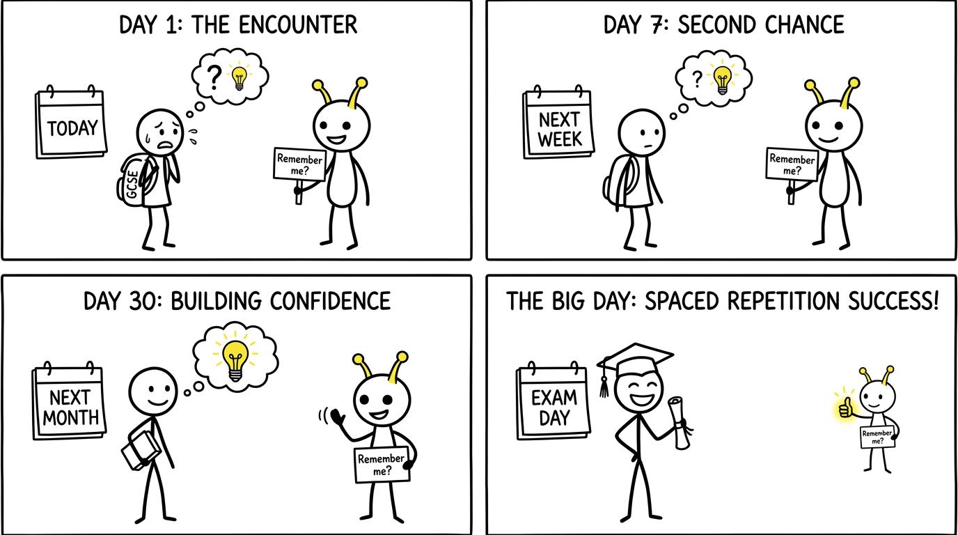 A student meeting the same friendly alien at spaced calendar stops