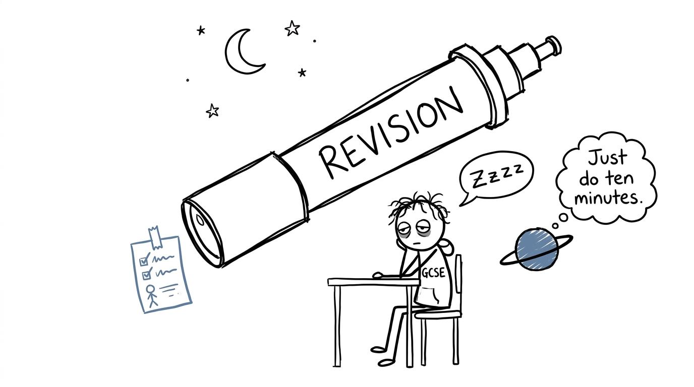 A tired student makes astronomy revision smaller with a tiny checklist