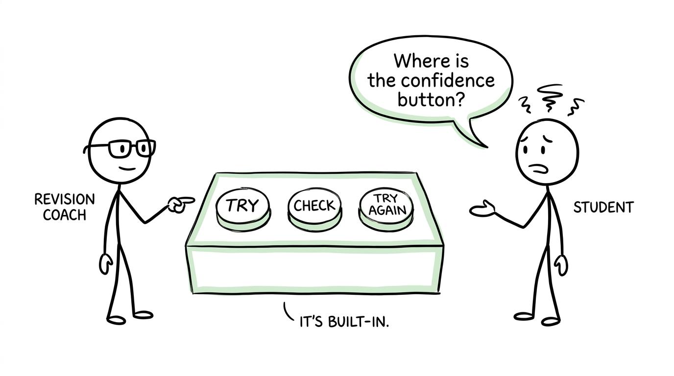 A pupil searches for confidence while the coach recommends trying, checking and trying again