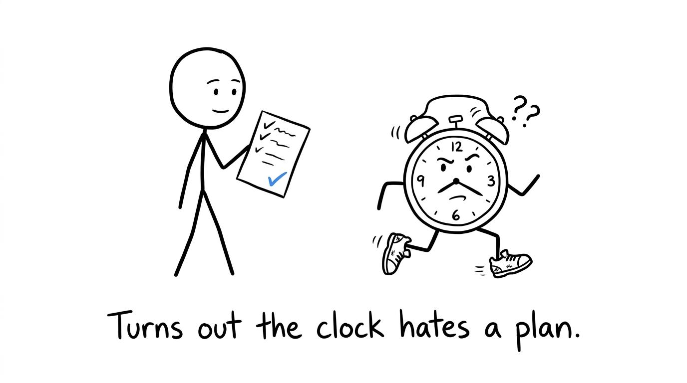 A student calmly outwitting a running exam clock with a checklist