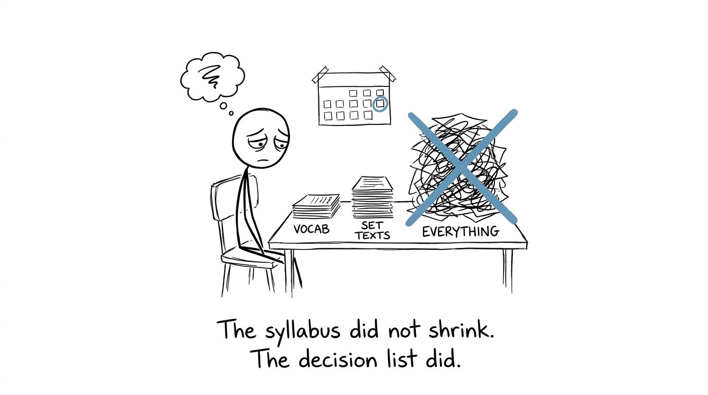 A student replaces an impossible pile of revision with two manageable priorities