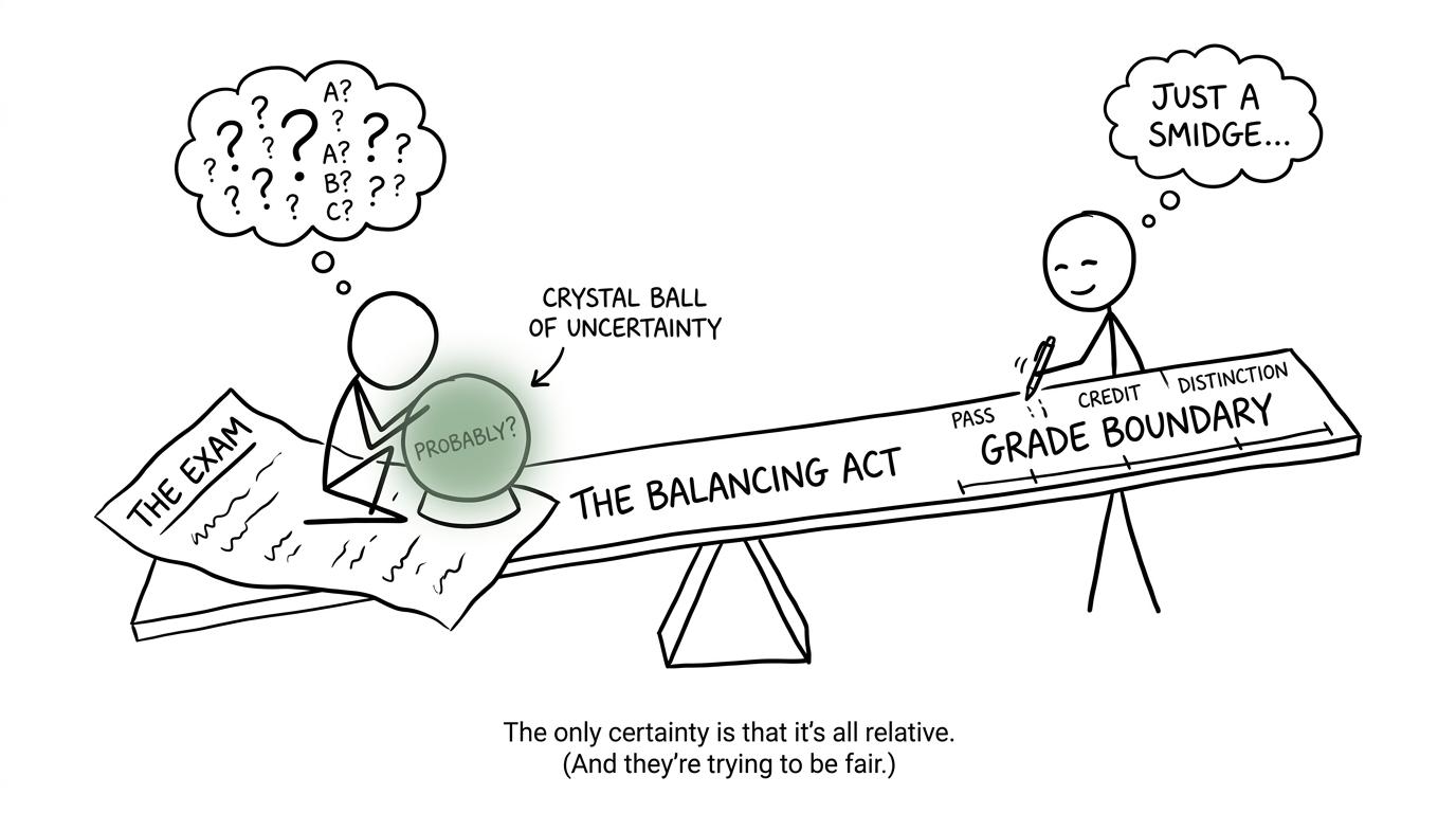 An examiner balancing an exam paper and a grade boundary while a student consults a crystal ball
