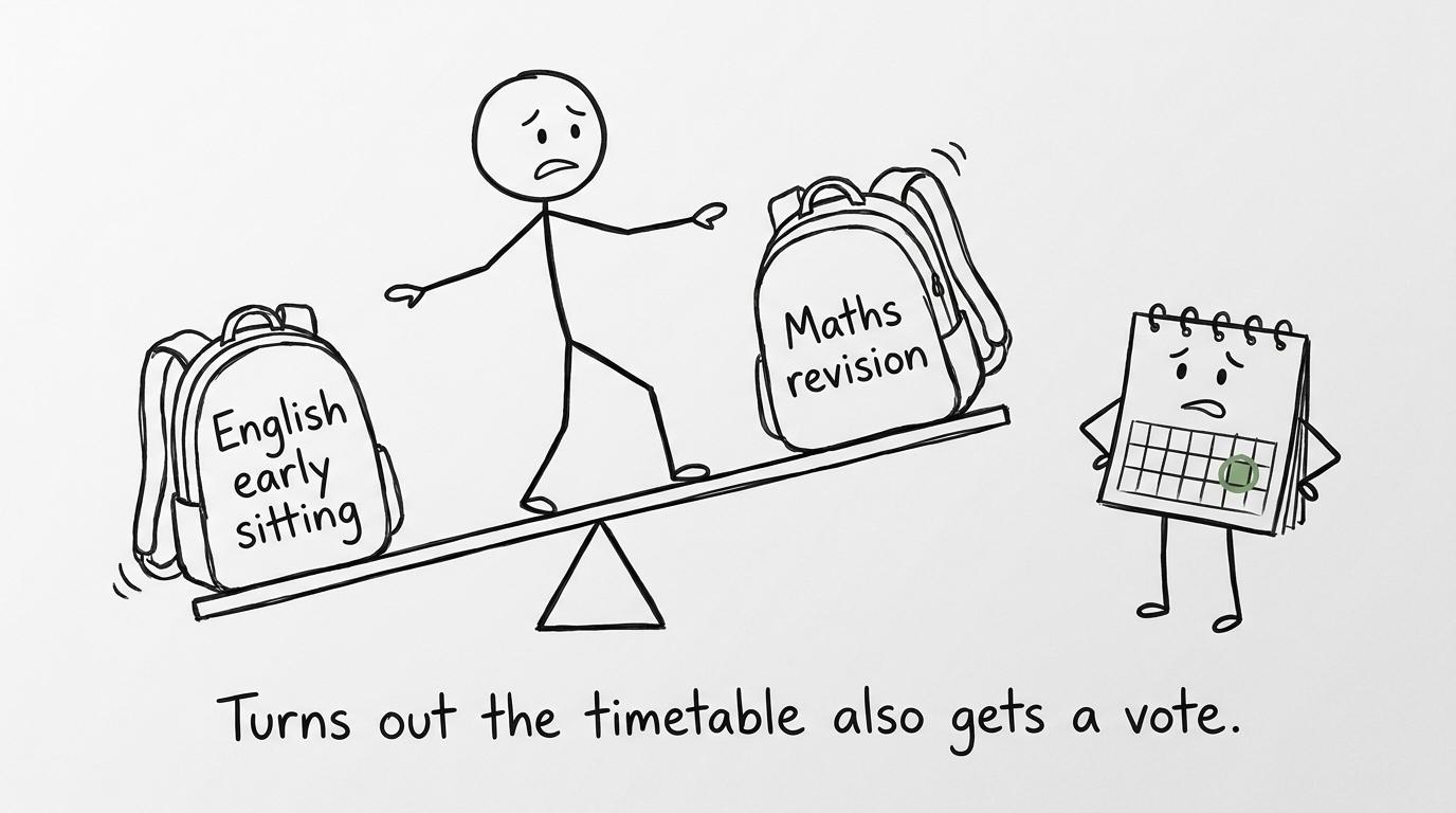 A student balances English early entry against maths revision