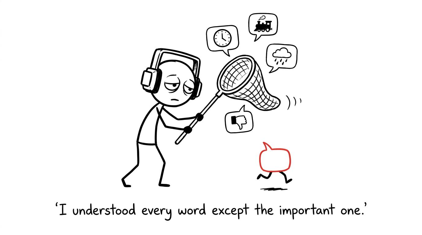 A student watches the important word escape from a listening exercise