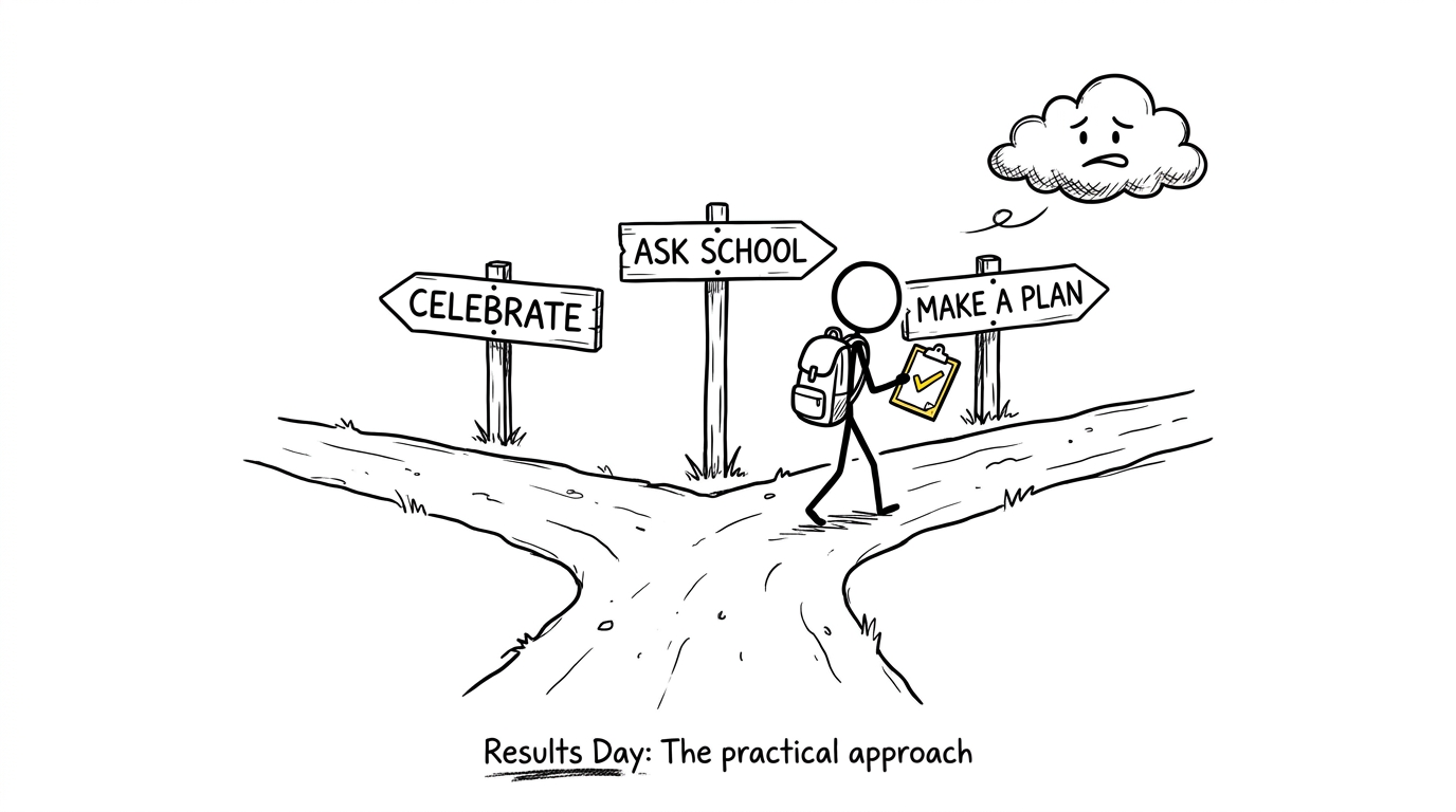 A student chooses a calm written plan instead of following an anxious results-day cloud