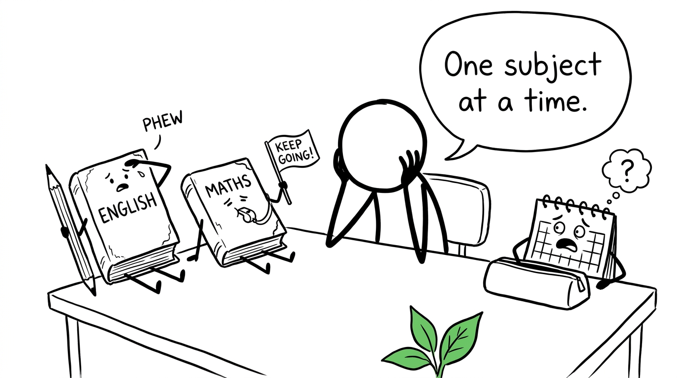 English and maths books encouraging a tired student
