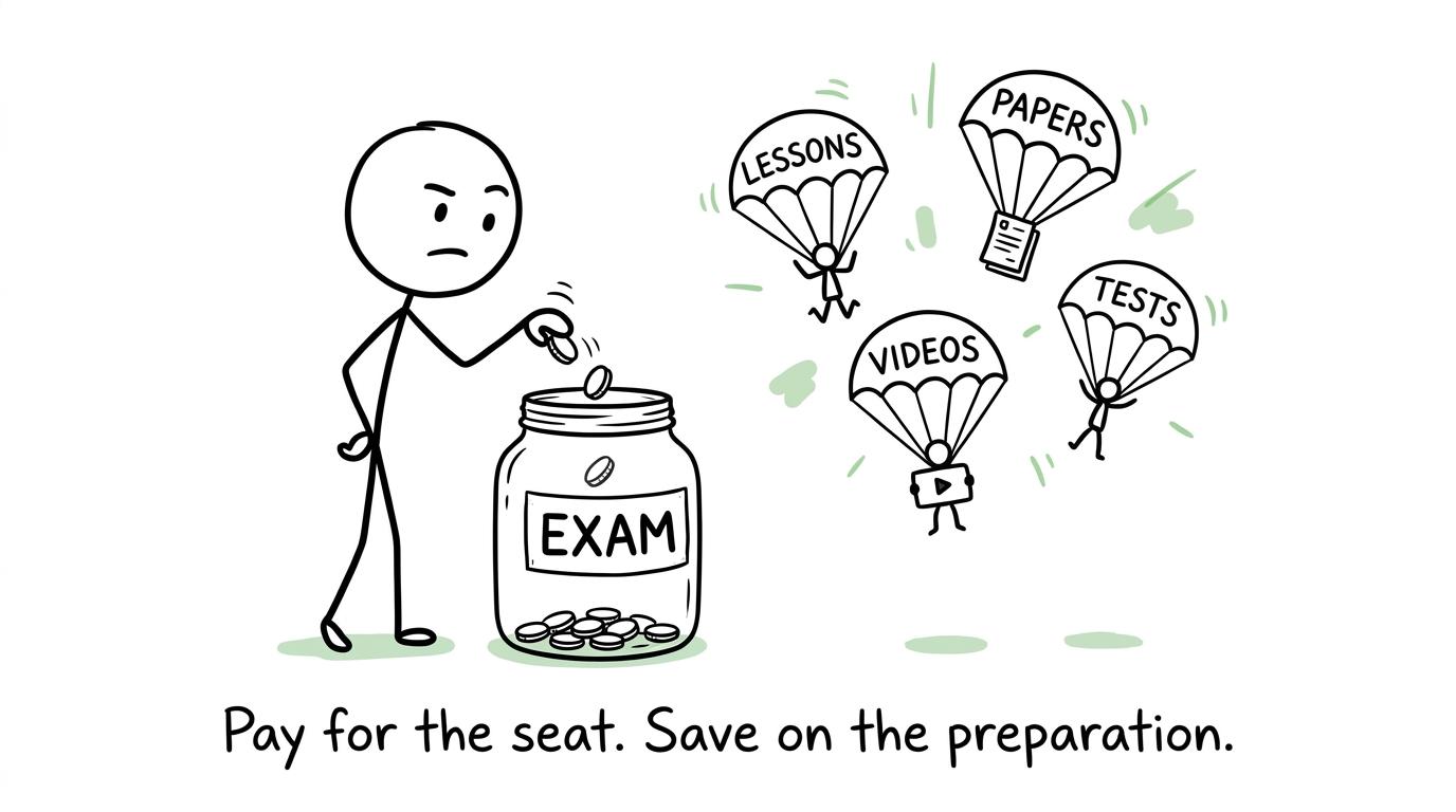A student saves money by combining a paid exam place with free revision resources