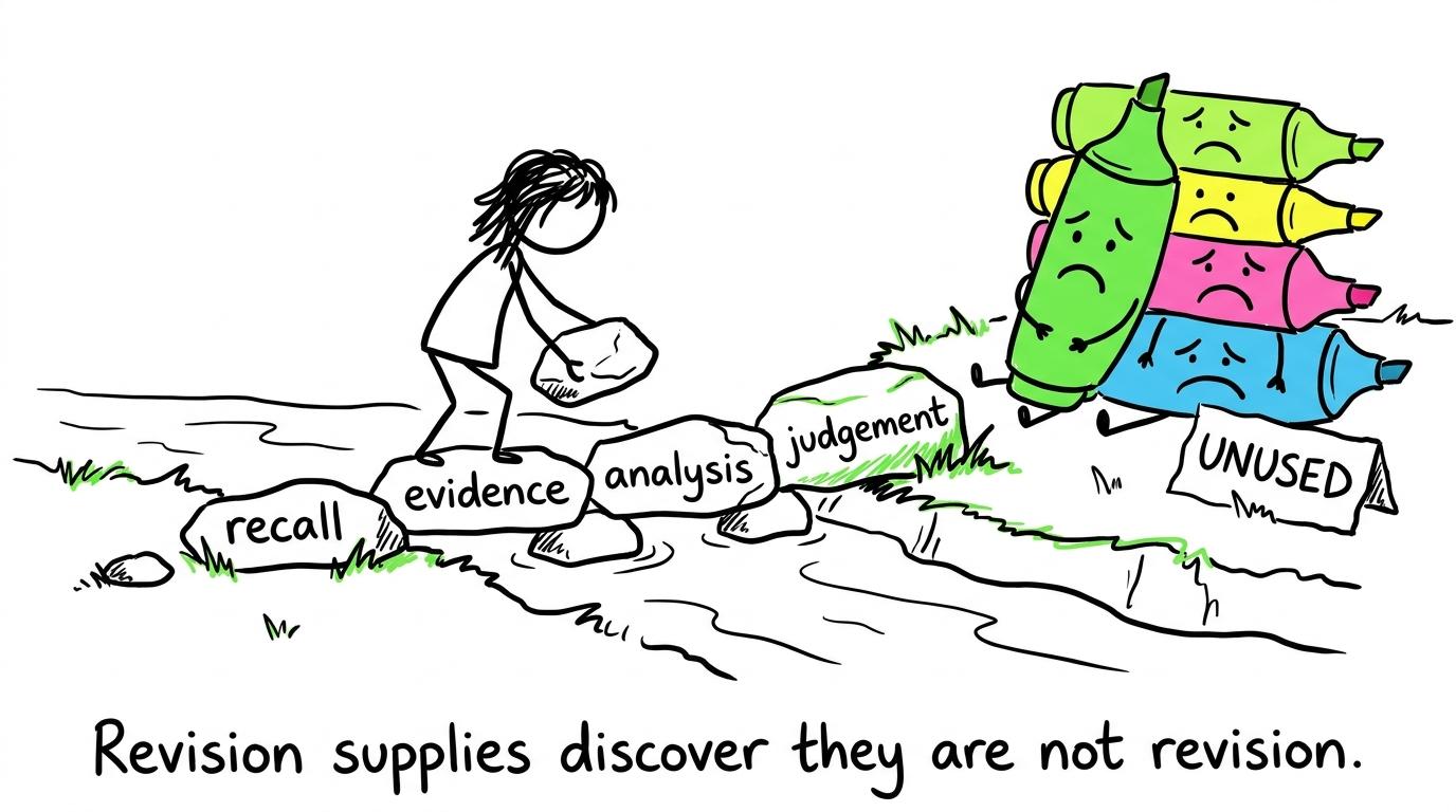 Revision stepping stones succeed while unused highlighters watch from the bank