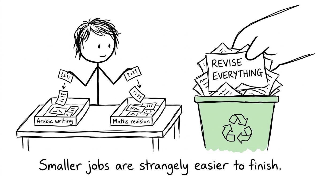 A student sorts manageable Arabic and maths tasks while discarding a pile labelled revise everything