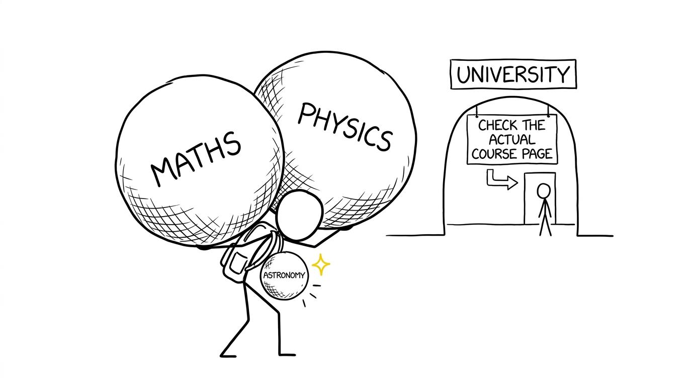 A student carries large Maths and Physics planets and a smaller sparkling Astronomy planet towards a university doorway