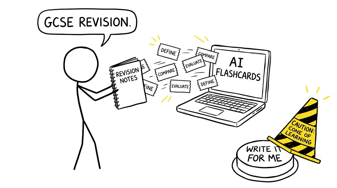 A student catches Define, Compare and Evaluate cards from an AI flashcard partner while avoiding a Write It For Me button