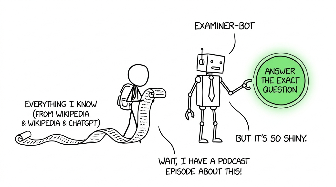An examiner robot reminding a student to answer the exact question