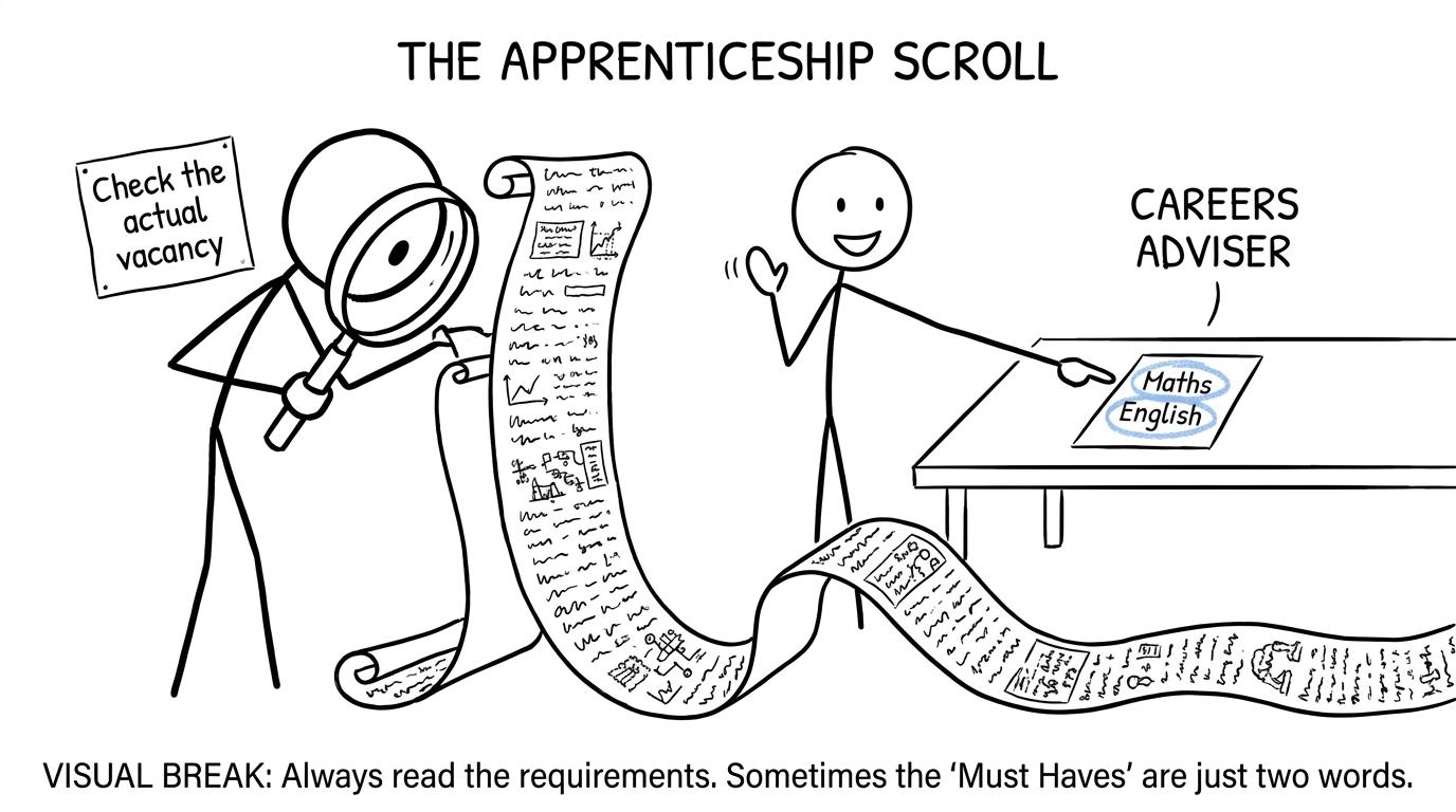 A student checks a long apprenticeship requirements list while a careers adviser points towards the important details