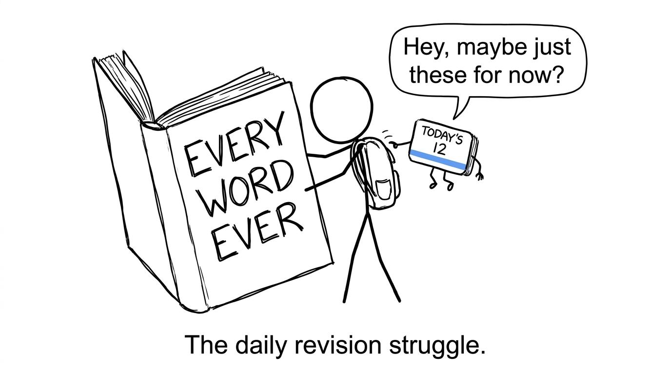 A student choosing a manageable daily flashcard deck instead of every French word