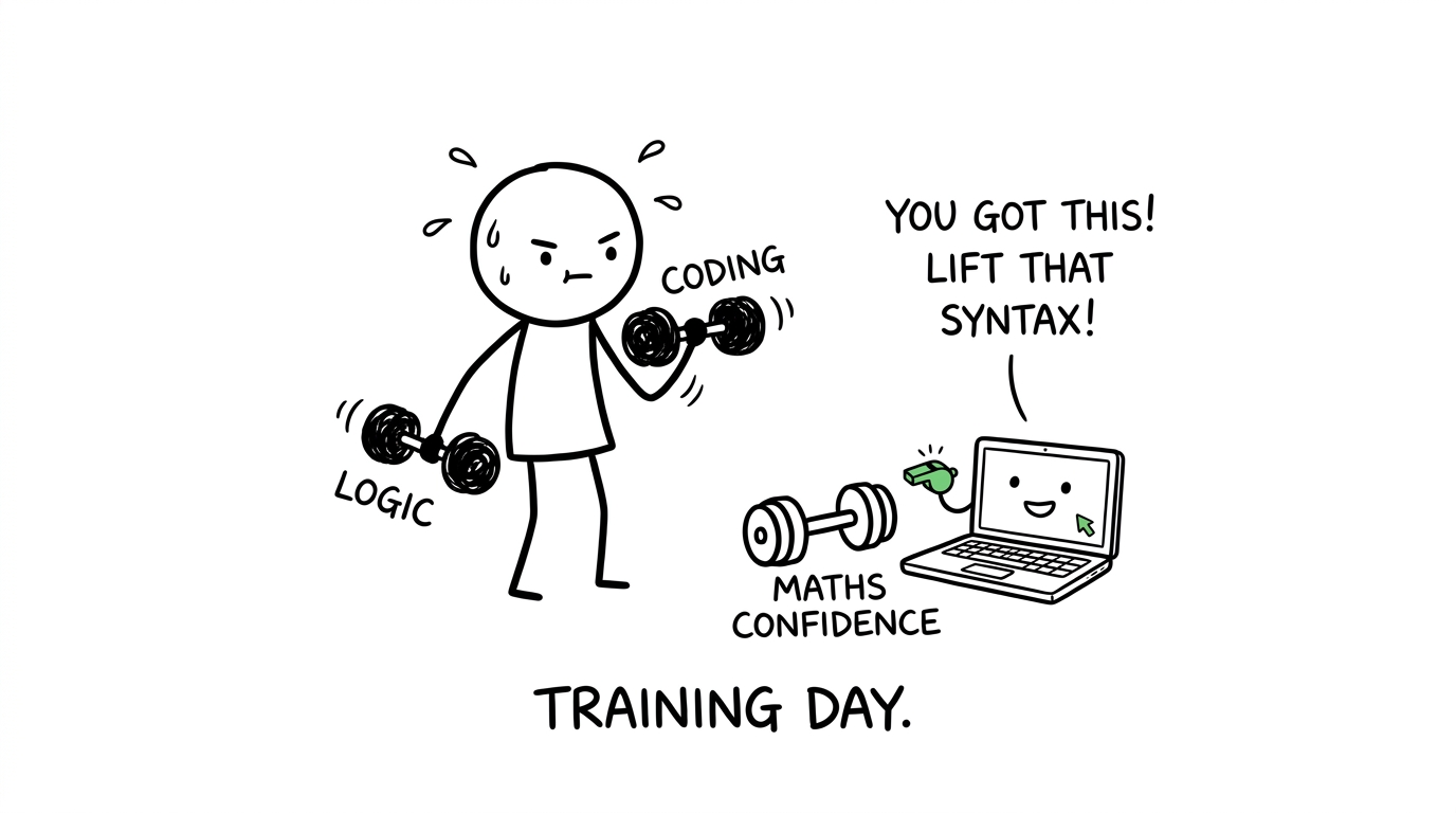 A student training logic, coding and maths confidence with a laptop coach