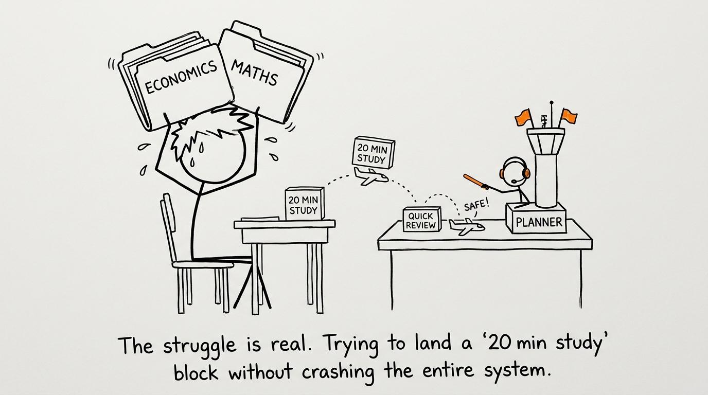 A tiny revision planner directs Economics and maths study sessions like aircraft
