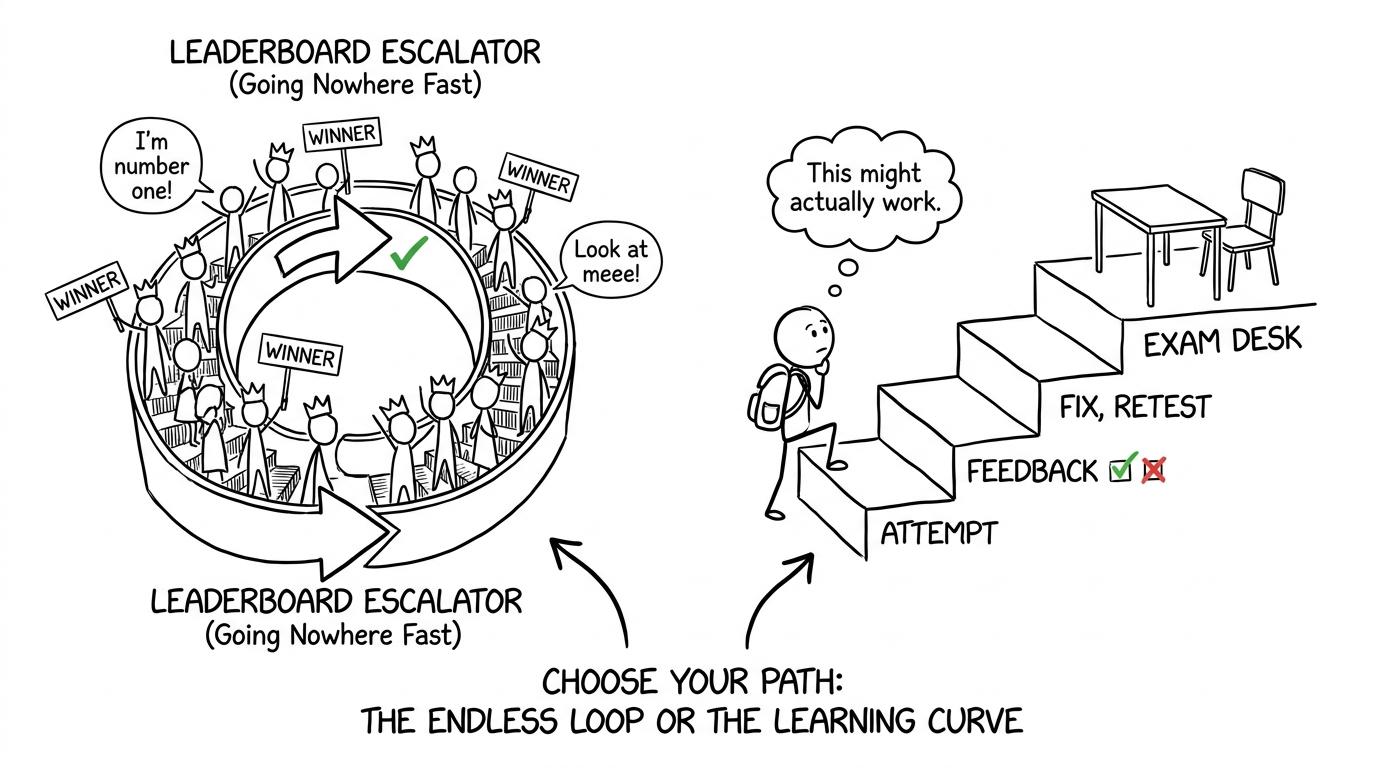 A feedback staircase leads forward while a leaderboard goes in circles