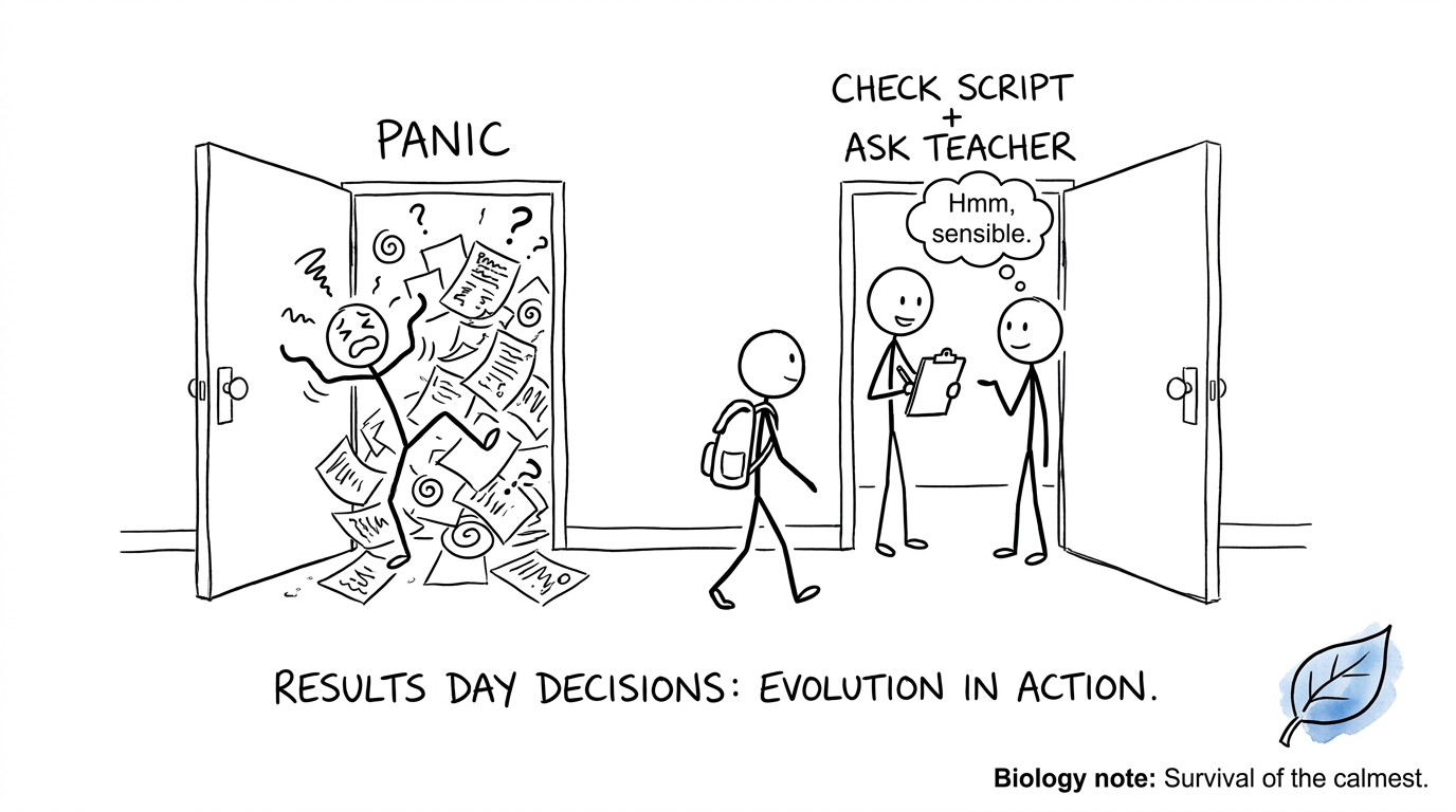 A student choosing the calm check-script door instead of the panic door