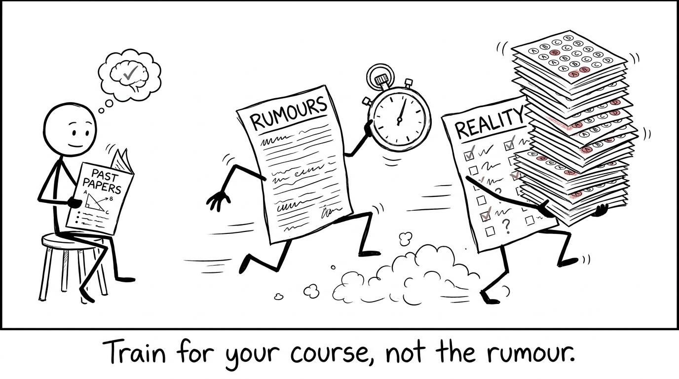 Two exam papers racing while a student trains calmly with a past paper
