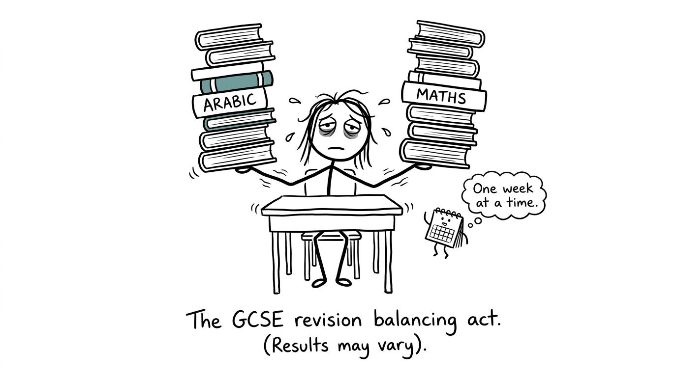 A student balancing Arabic and maths revision one week at a time