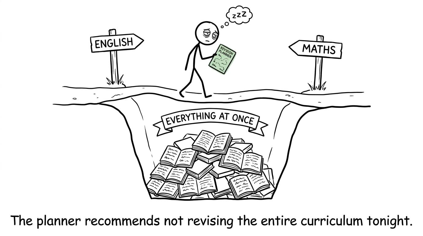 A student follows a planner between English and maths while everything at once falls into a ditch