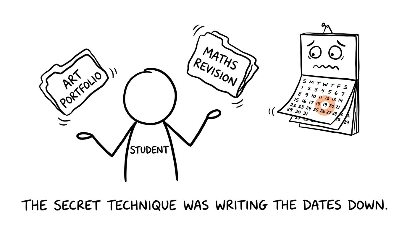 A student juggling an art portfolio and maths revision while a calendar panics