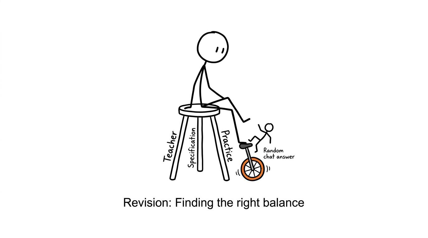 A stable revision stool is compared with a wobbly unicycle carrying a random chat answer