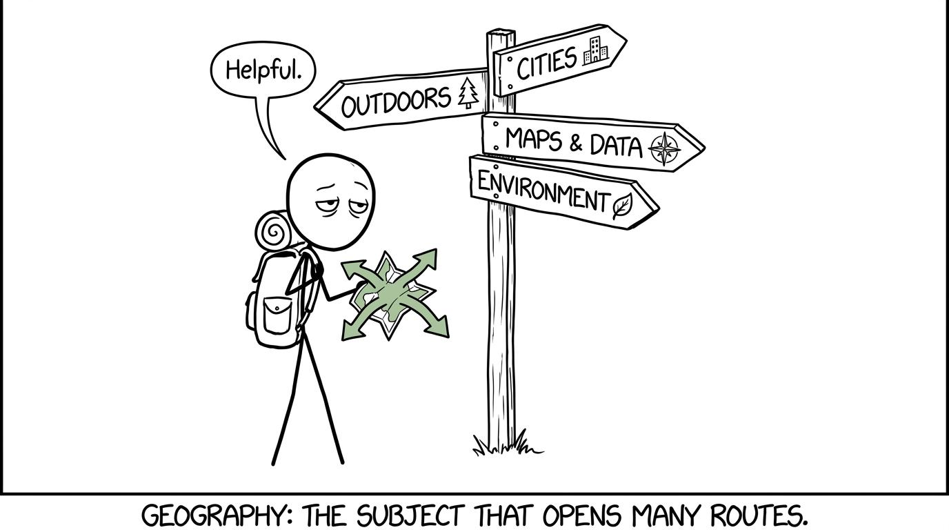 A GCSE student faces several geography career paths while an unhelpful map points everywhere
