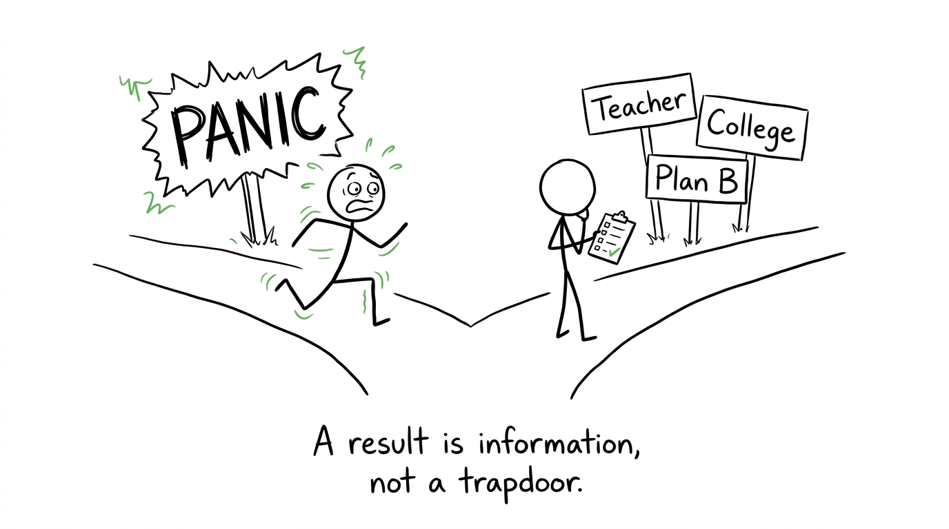 A calm student chooses useful conversations instead of the path marked panic