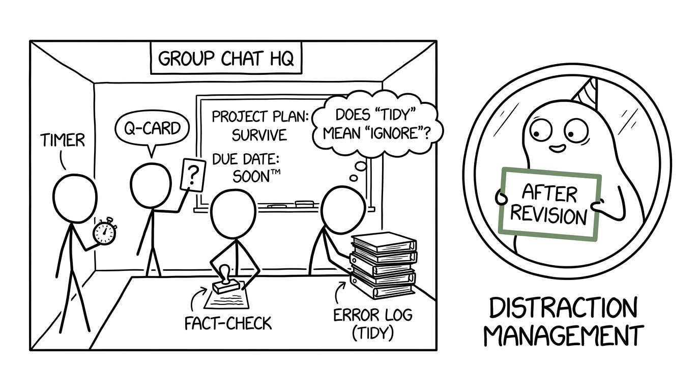 A revision group chat works like a tiny control room with a timer, question card and error log