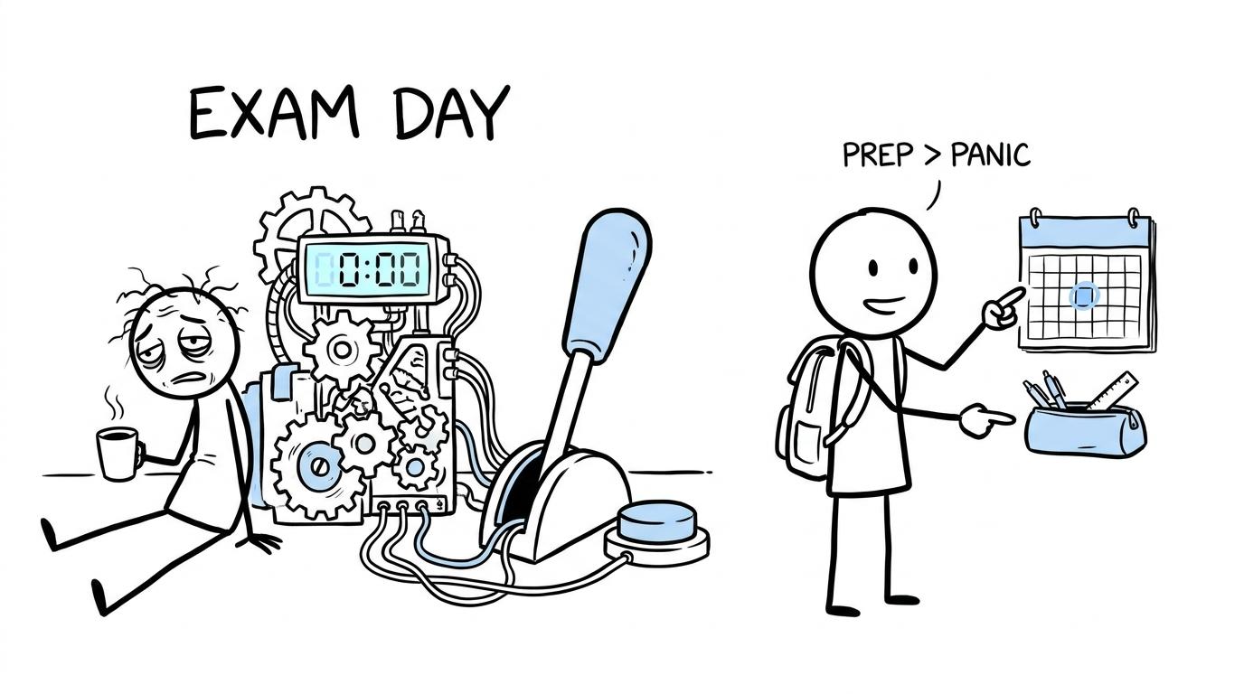 A student chooses a simple calendar and packed pencil case instead of an over-engineered exam countdown machine