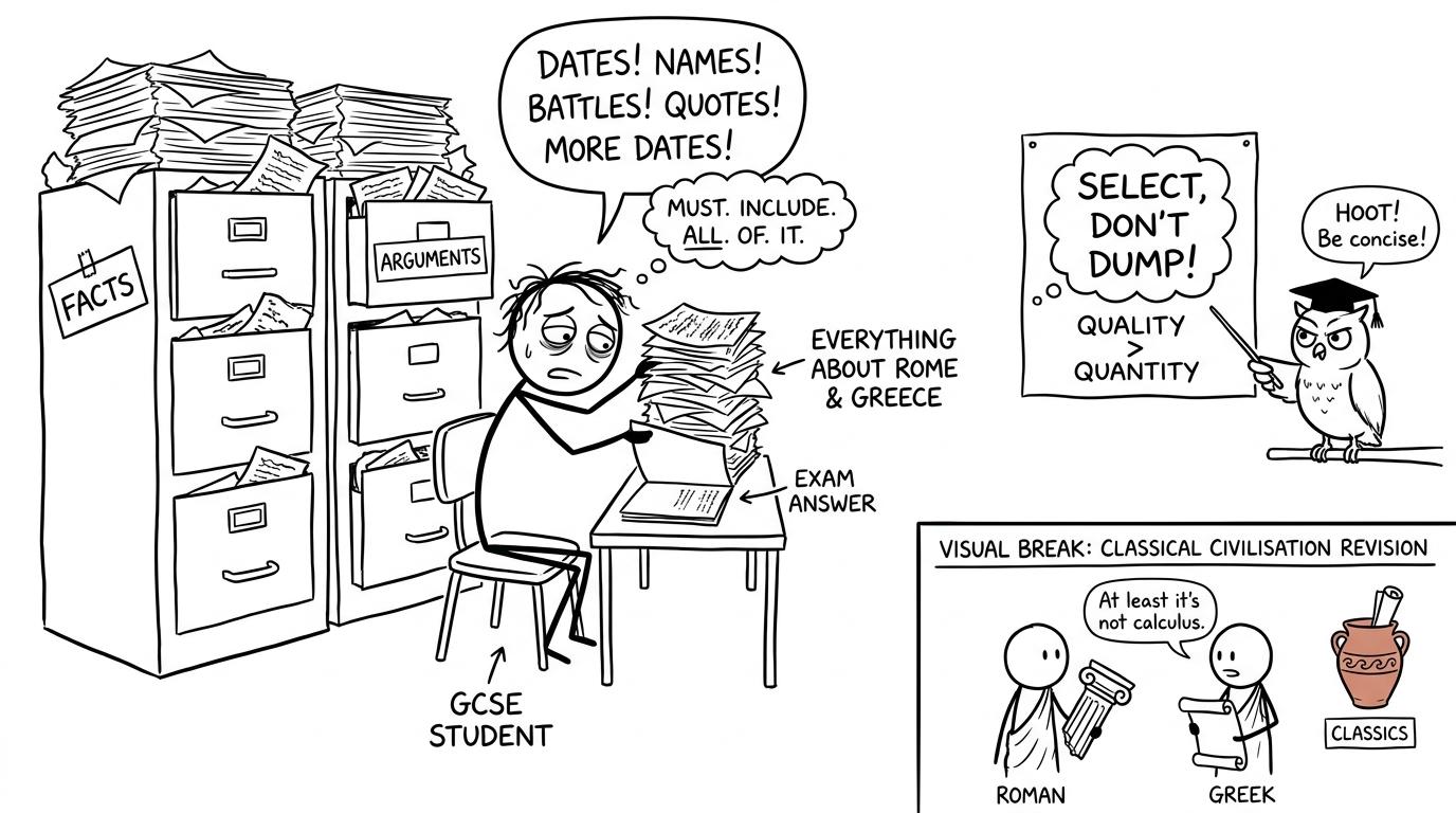 A student tries to fit every fact into an answer while an owl examiner recommends selection