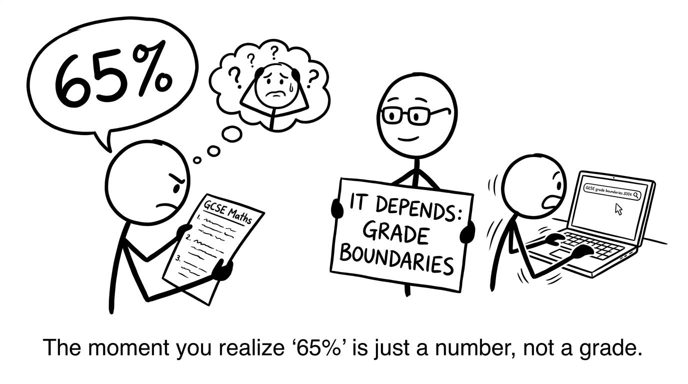 Student staring at 65% and a teacher saying it depends