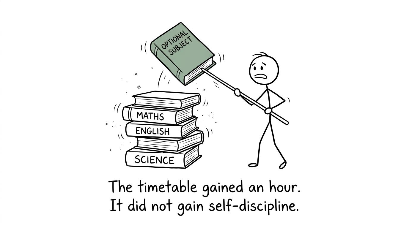 A student removes one optional-subject book from a revision pile but discovers that the core books do not revise themselves