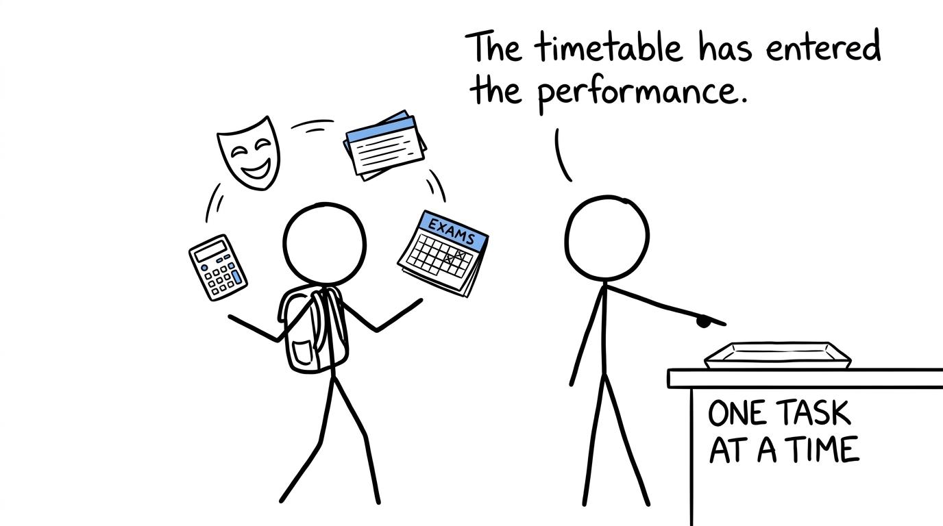 A student juggling Drama and maths revision tasks