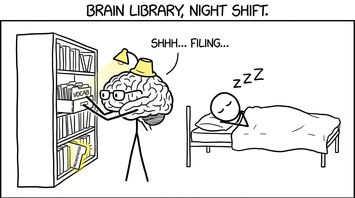 A stick-figure brain acting as a night-time librarian for vocabulary cards