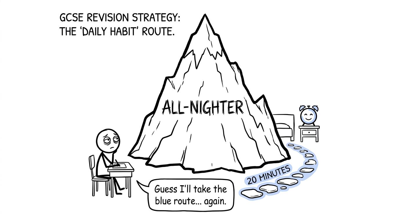 A student chooses a calm twenty-minute path around the mountain of an all-nighter