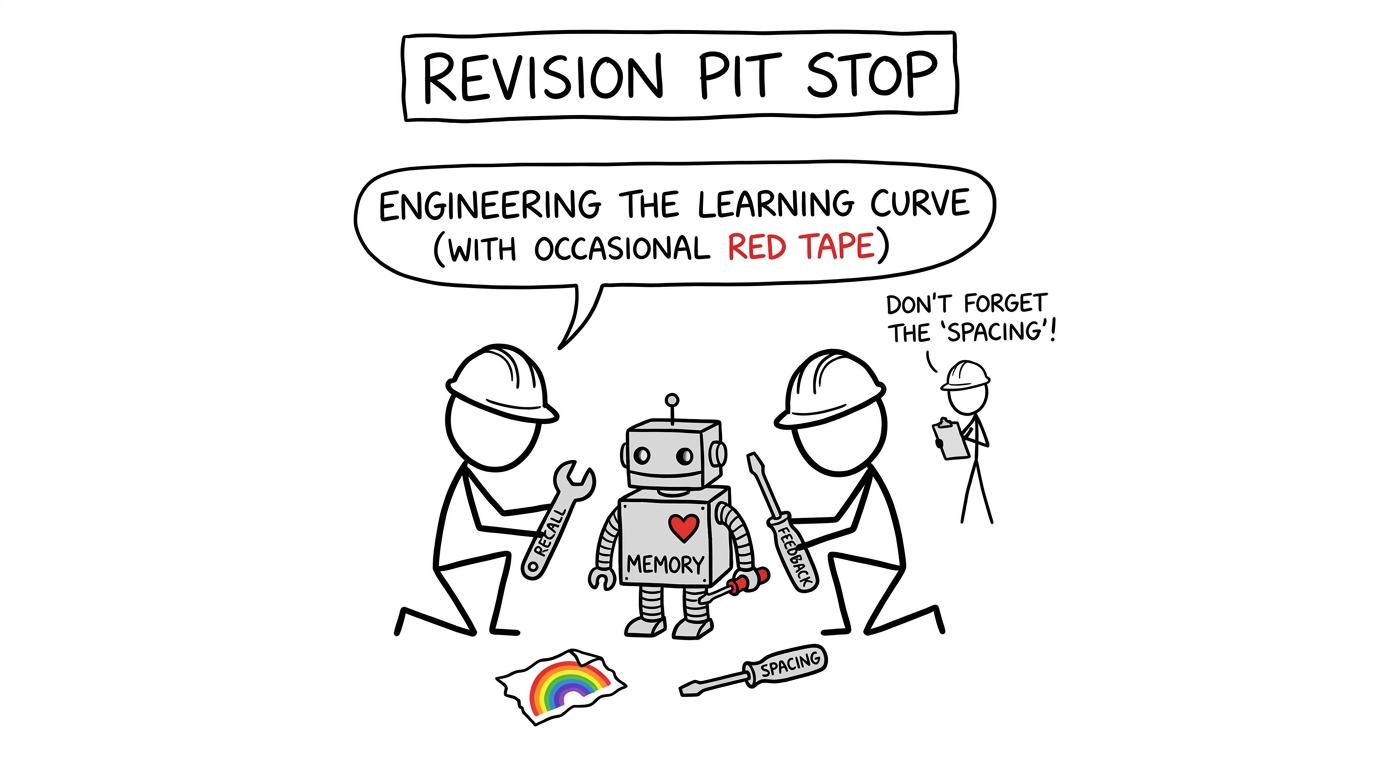 A memory robot repaired using recall, feedback and spacing while a rainbow sticker waits nearby