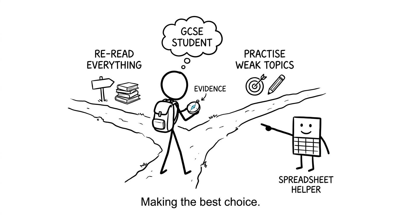 A spreadsheet points towards practice while a student follows a compass labelled evidence