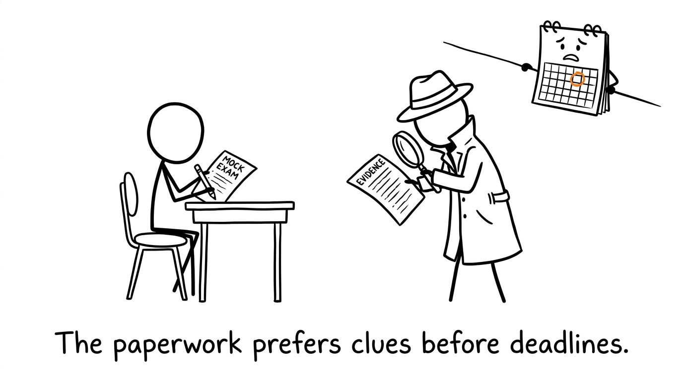 A teacher gathers mock-paper clues while the deadline calendar watches