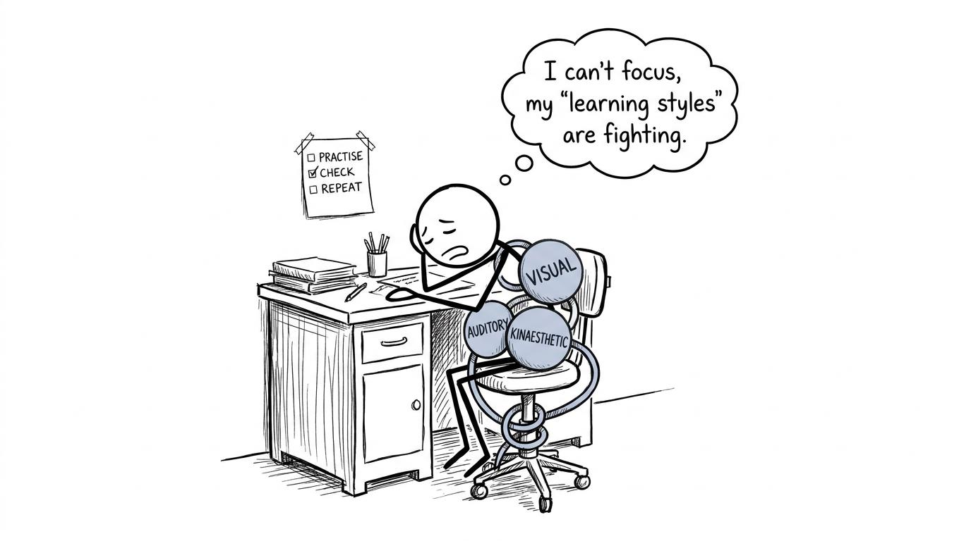 A student tangled in learning-style labels while a simple practice checklist waits nearby