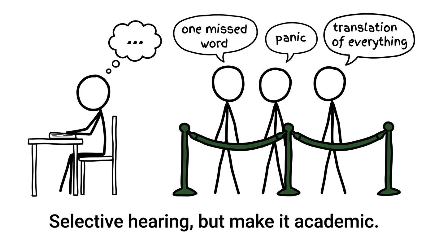 A calm student keeps panic and over-translation outside the listening exam